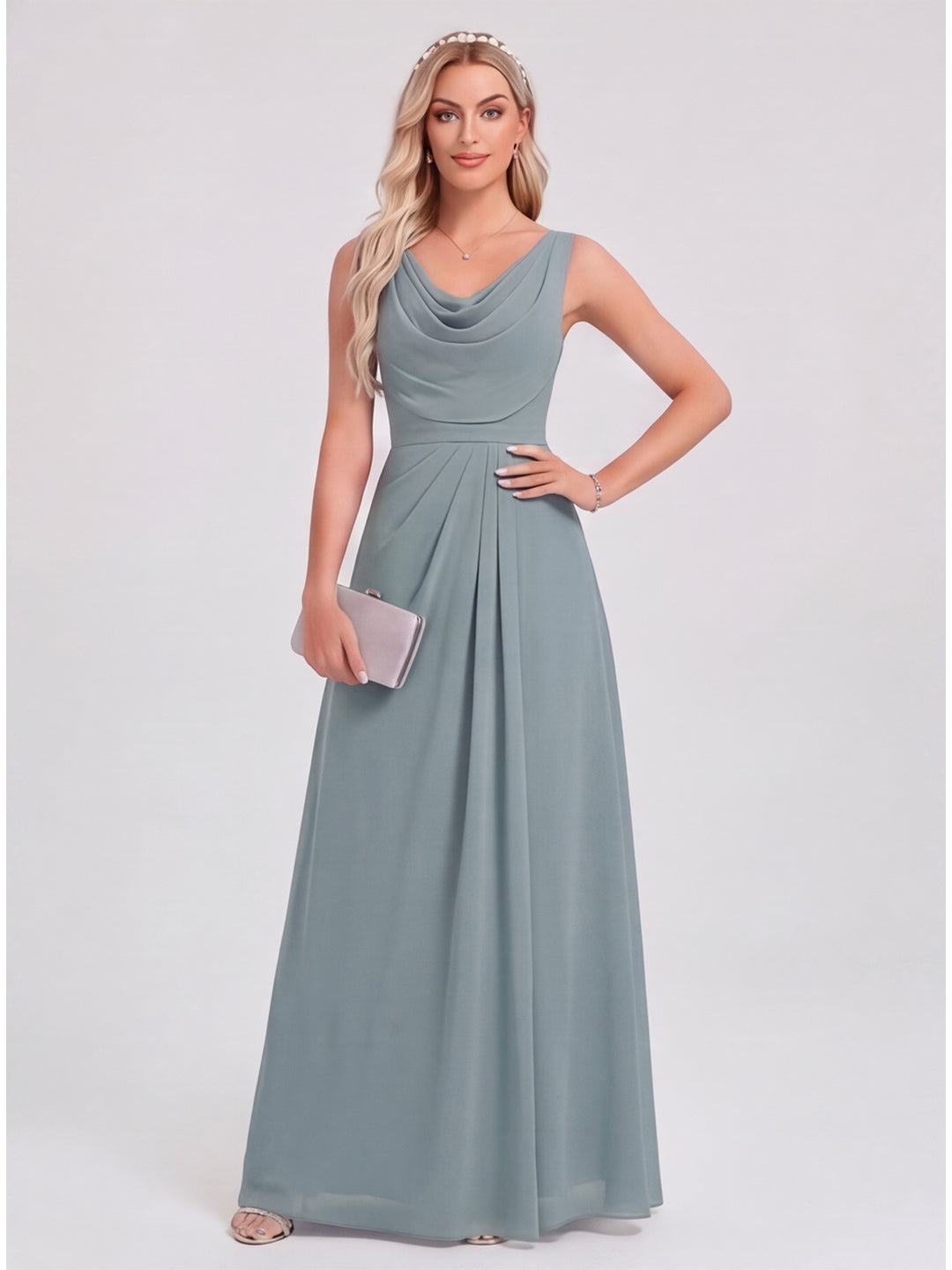 Coquette Dusty Blue Chiffon A-Line Cowl Neck Back Zip with Pleated Ankle-Length Bridesmaid Dress