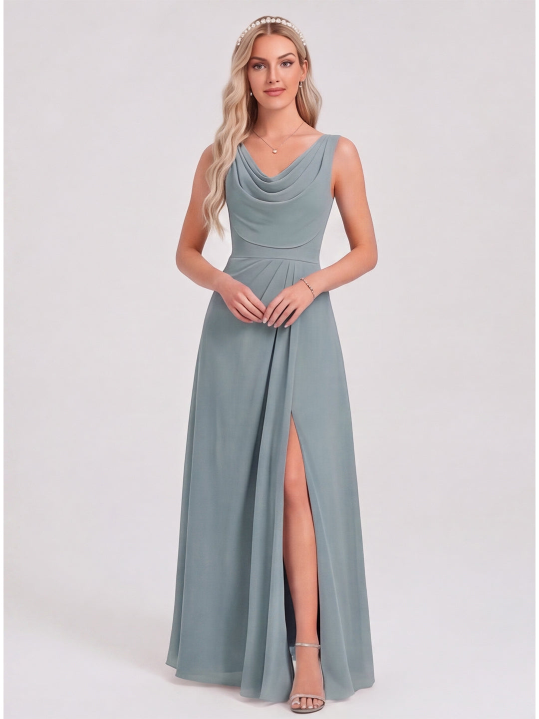 Coquette Dusty Blue Chiffon A-Line Cowl Neck Back Zip with Pleated Ankle-Length Bridesmaid Dress