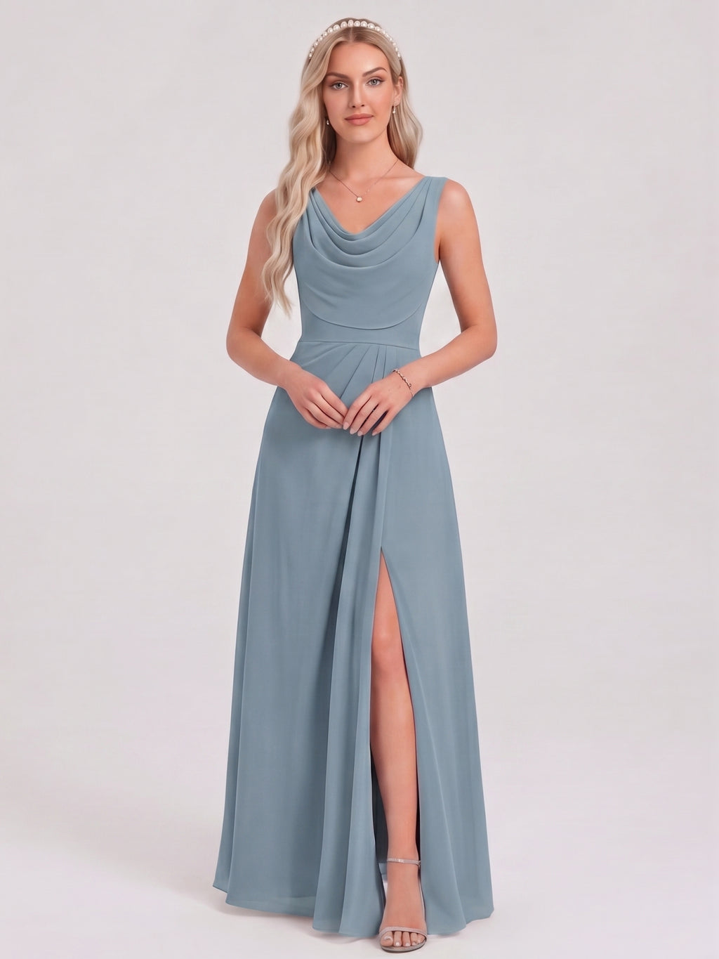 Coquette Dusty Blue Chiffon A-Line Cowl Neck Back Zip with Pleated Ankle-Length Bridesmaid Dress
