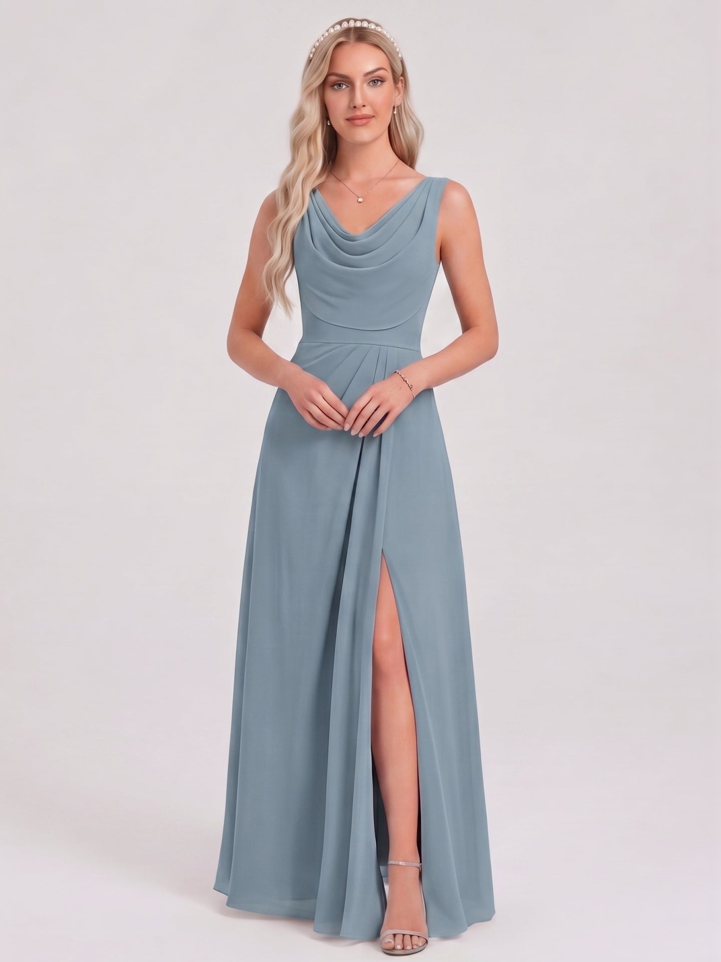 Coquette Dusty Blue Chiffon A-Line Cowl Neck Back Zip with Pleated Ankle-Length Bridesmaid Dress