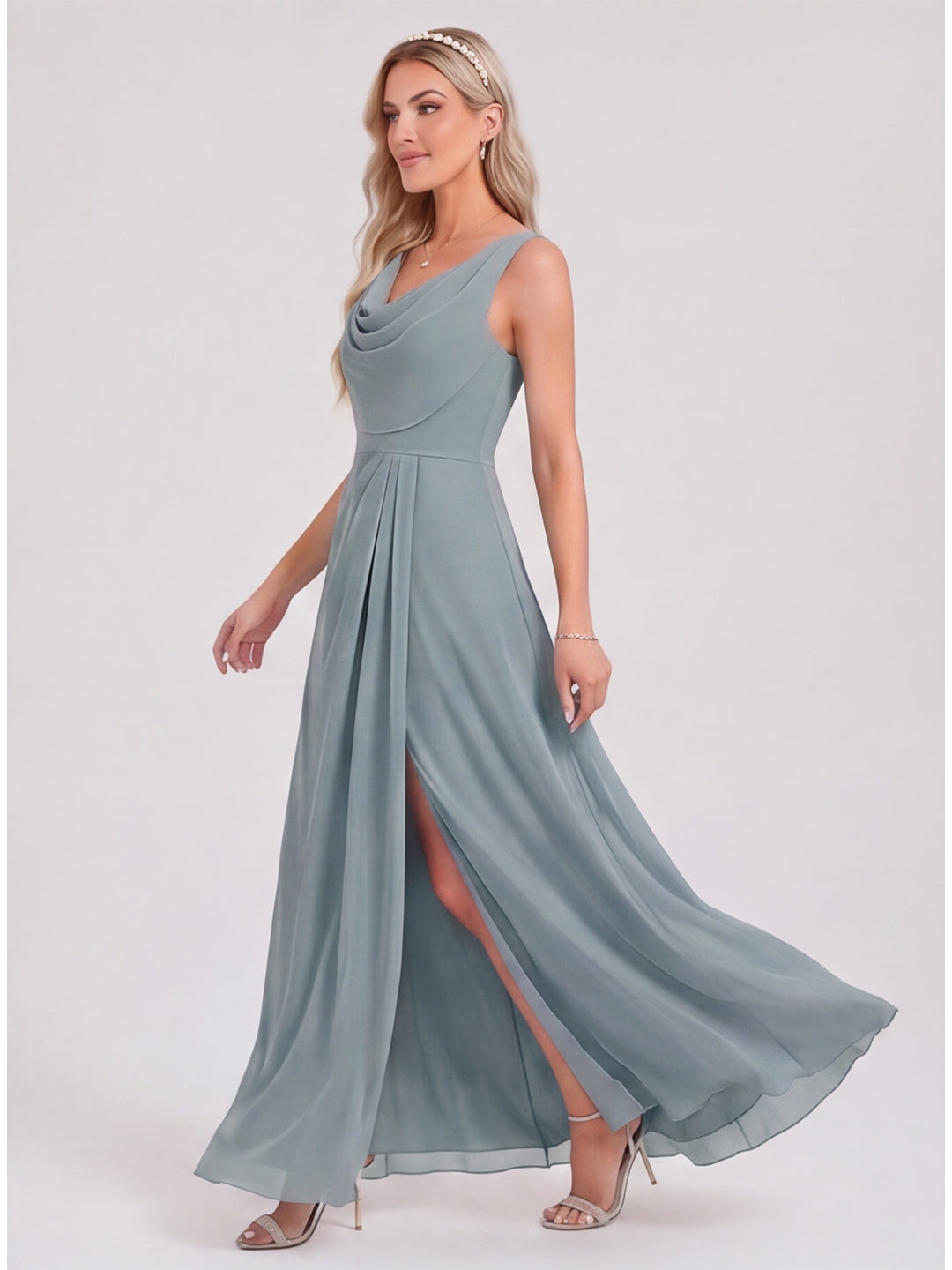 Coquette Dusty Blue Chiffon A-Line Cowl Neck Back Zip with Pleated Ankle-Length Bridesmaid Dress