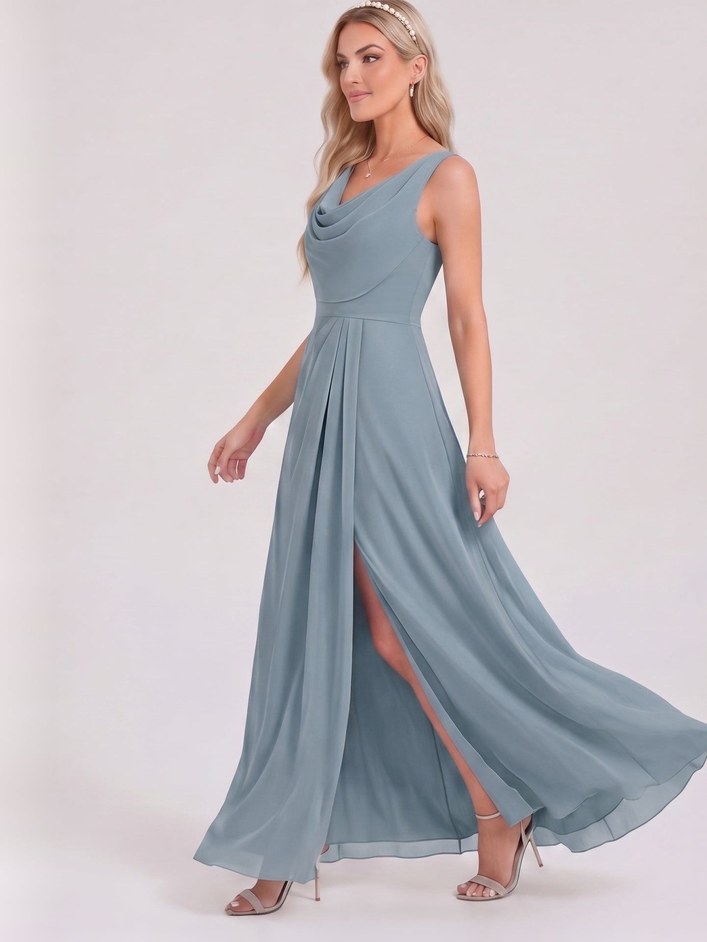 Coquette Dusty Blue Chiffon A-Line Cowl Neck Back Zip with Pleated Ankle-Length Bridesmaid Dress