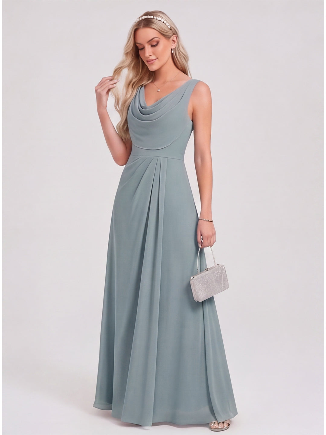 Coquette Dusty Blue Chiffon A-Line Cowl Neck Back Zip with Pleated Ankle-Length Bridesmaid Dress