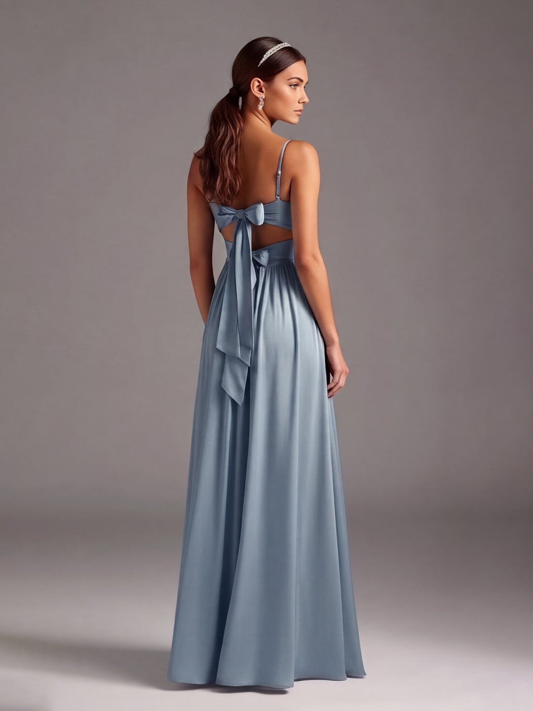 Coquette Dusty Blue Satin A-Line Sweetheart Ankle-Length Bridesmaid Dress