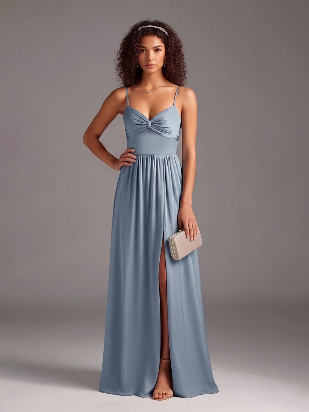 Coquette Dusty Blue Satin A-Line Sweetheart Ankle-Length Bridesmaid Dress