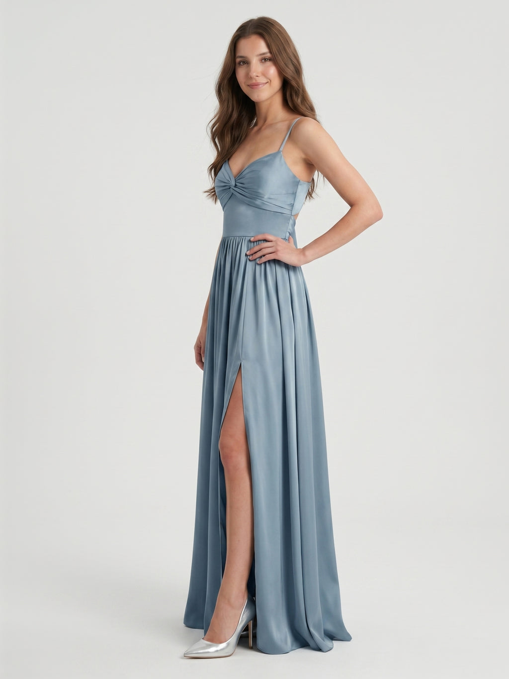 Coquette Dusty Blue Satin A-Line Sweetheart Ankle-Length Bridesmaid Dress