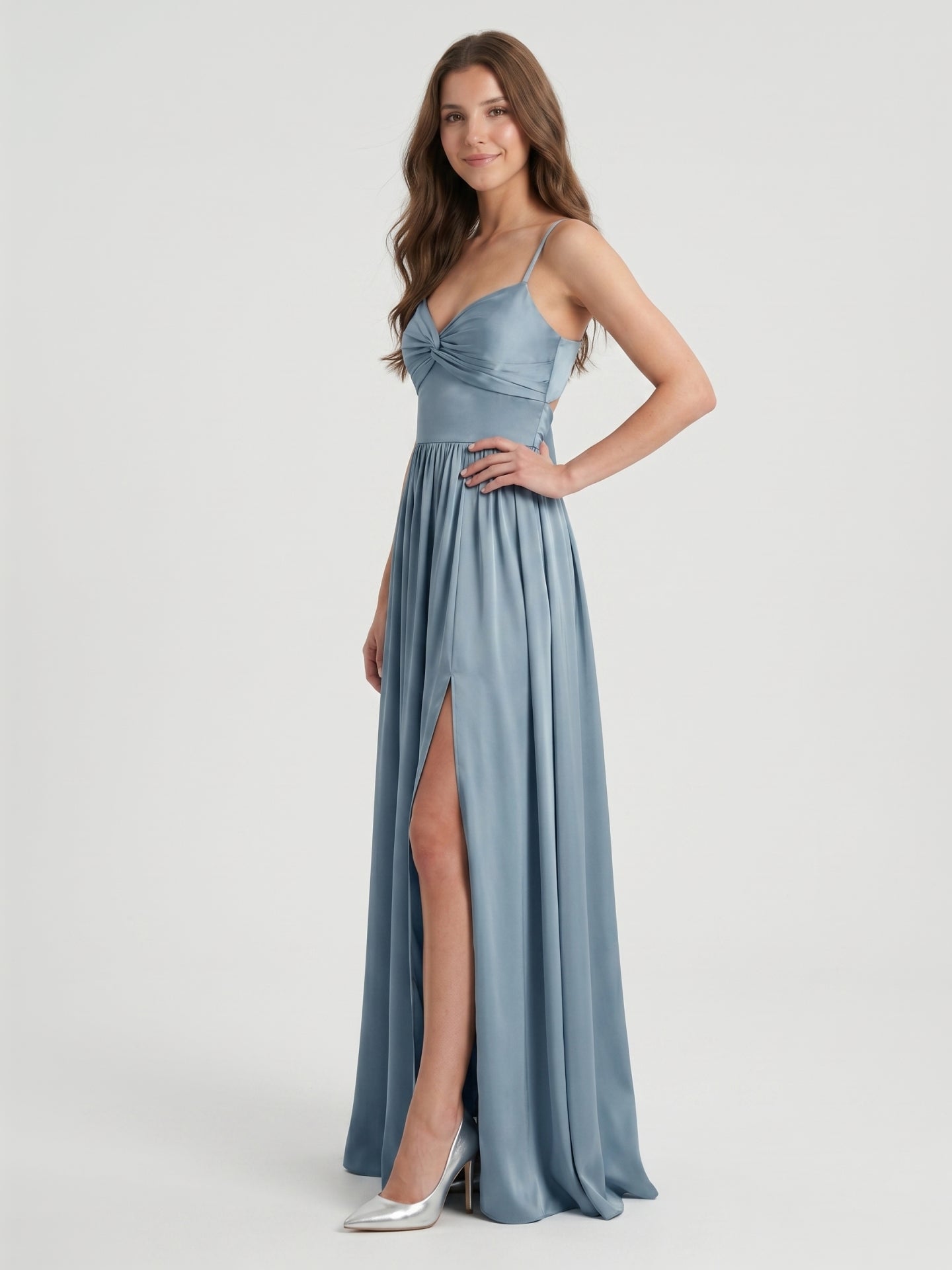 Coquette Dusty Blue Satin A-Line Sweetheart Ankle-Length Bridesmaid Dress