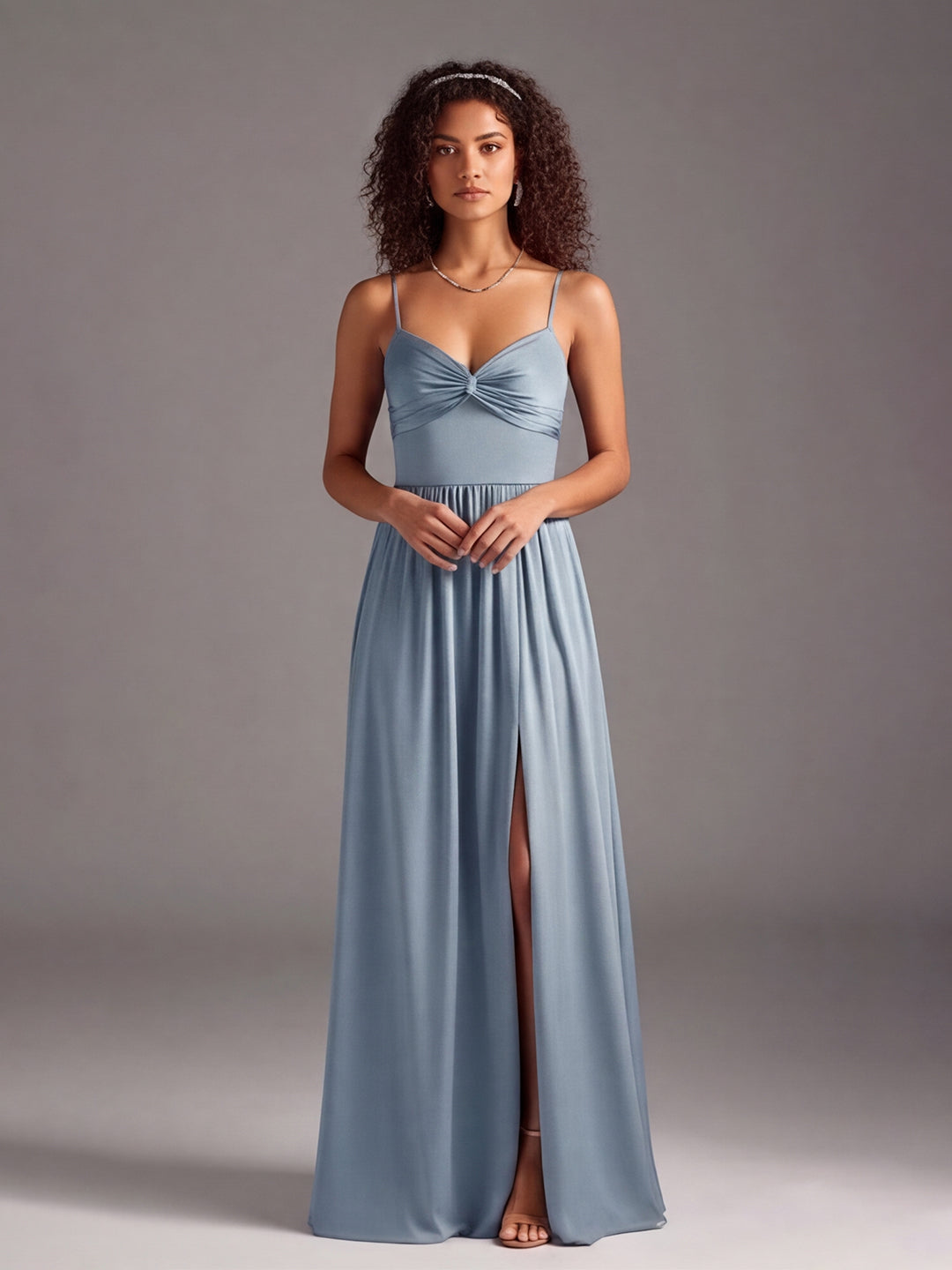 Coquette Dusty Blue Satin A-Line Sweetheart Ankle-Length Bridesmaid Dress