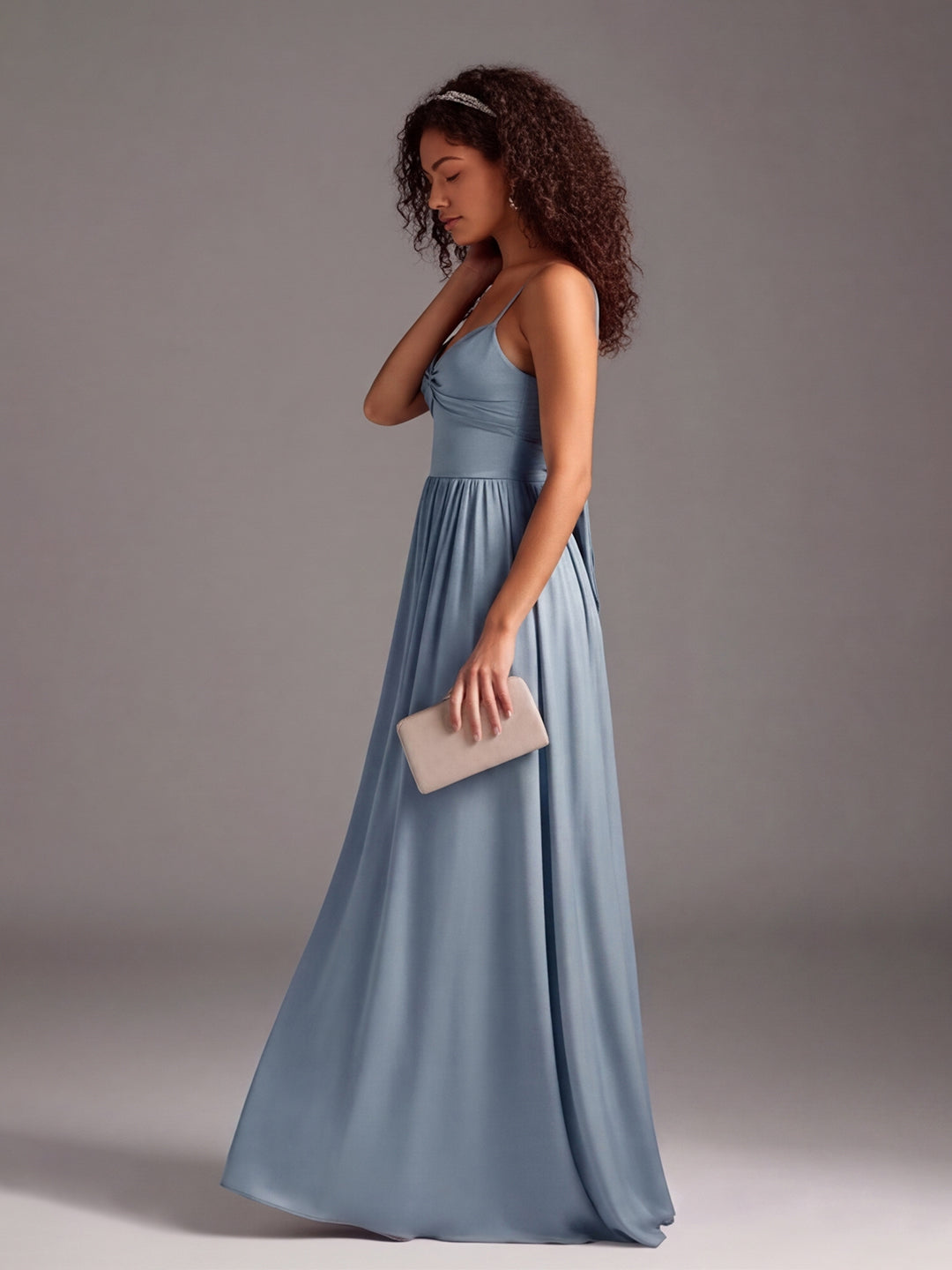 Coquette Dusty Blue Satin A-Line Sweetheart Ankle-Length Bridesmaid Dress