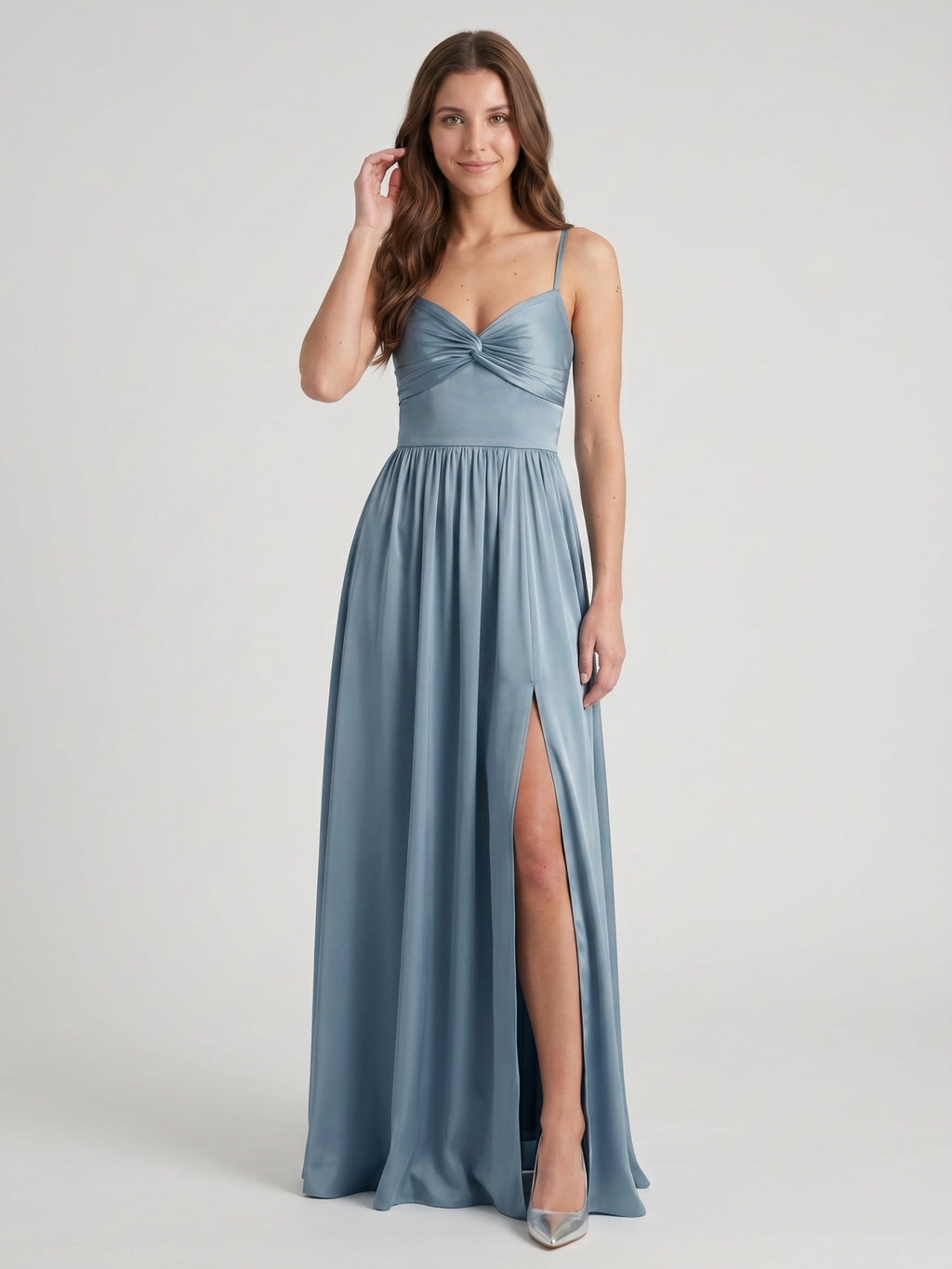 Coquette Dusty Blue Satin A-Line Sweetheart Ankle-Length Bridesmaid Dress
