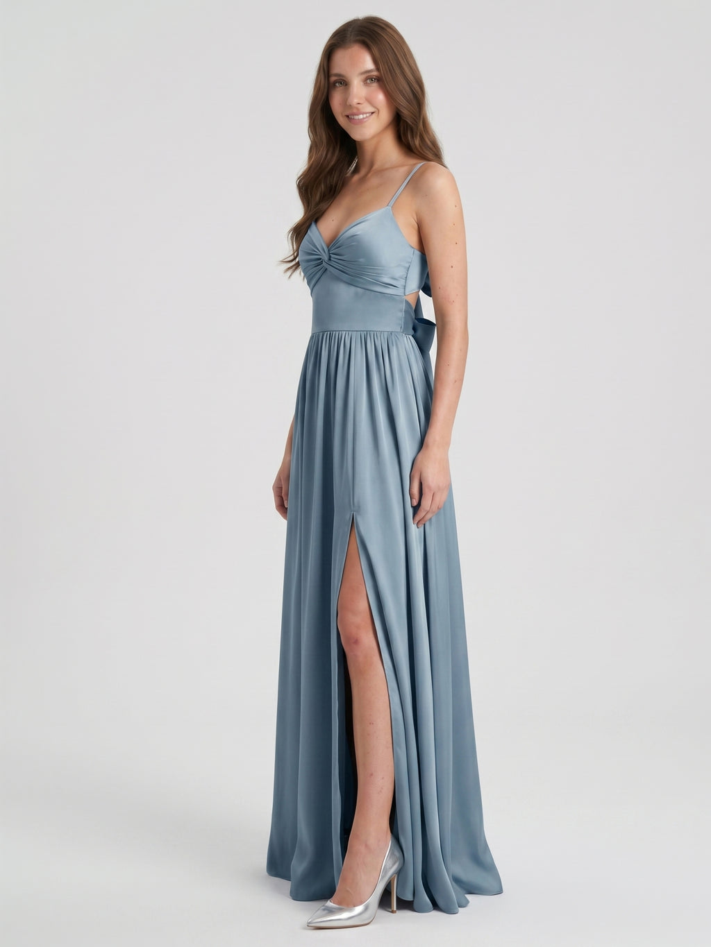 Coquette Dusty Blue Satin A-Line Sweetheart Ankle-Length Bridesmaid Dress