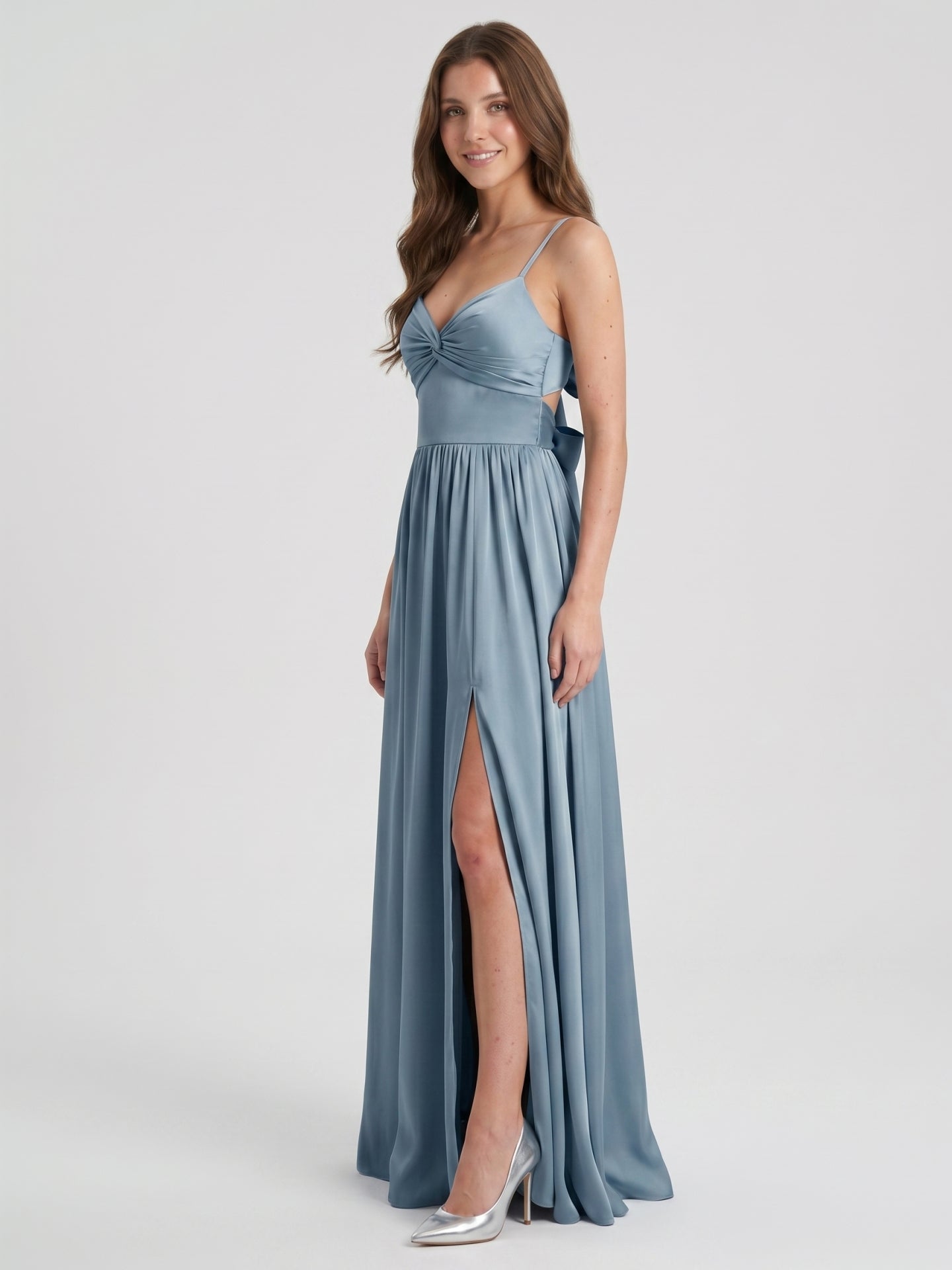 Coquette Dusty Blue Satin A-Line Sweetheart Ankle-Length Bridesmaid Dress