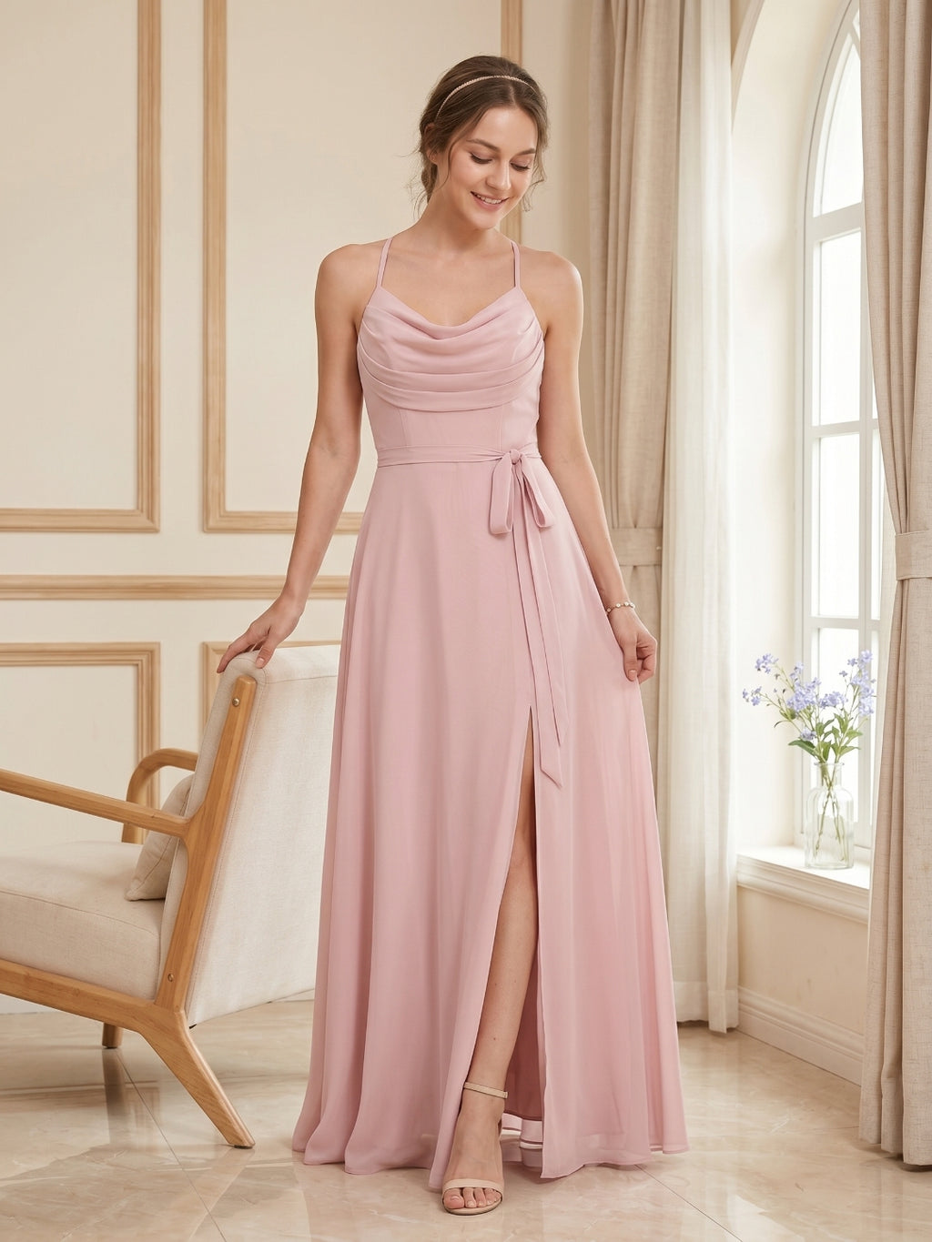 Coquette Dusty Rose Chiffon A-Line Cowl Neck Ankle-Length Bridesmaid Dress with Minimalist Design