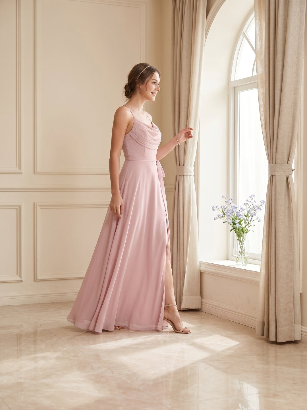 Coquette Dusty Rose Chiffon A-Line Cowl Neck Ankle-Length Bridesmaid Dress with Minimalist Design