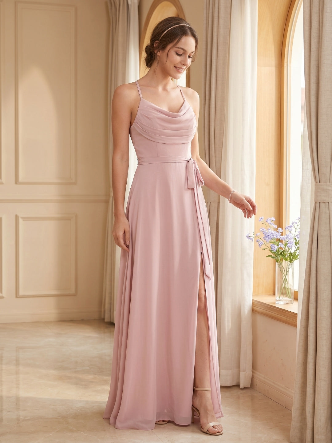 Coquette Dusty Rose Chiffon A-Line Cowl Neck Ankle-Length Bridesmaid Dress with Minimalist Design