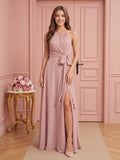 Coquette Dusty Rose Chiffon A-Line Halter neckline Back Zip Ankle-Length  Bridesmaid Dress