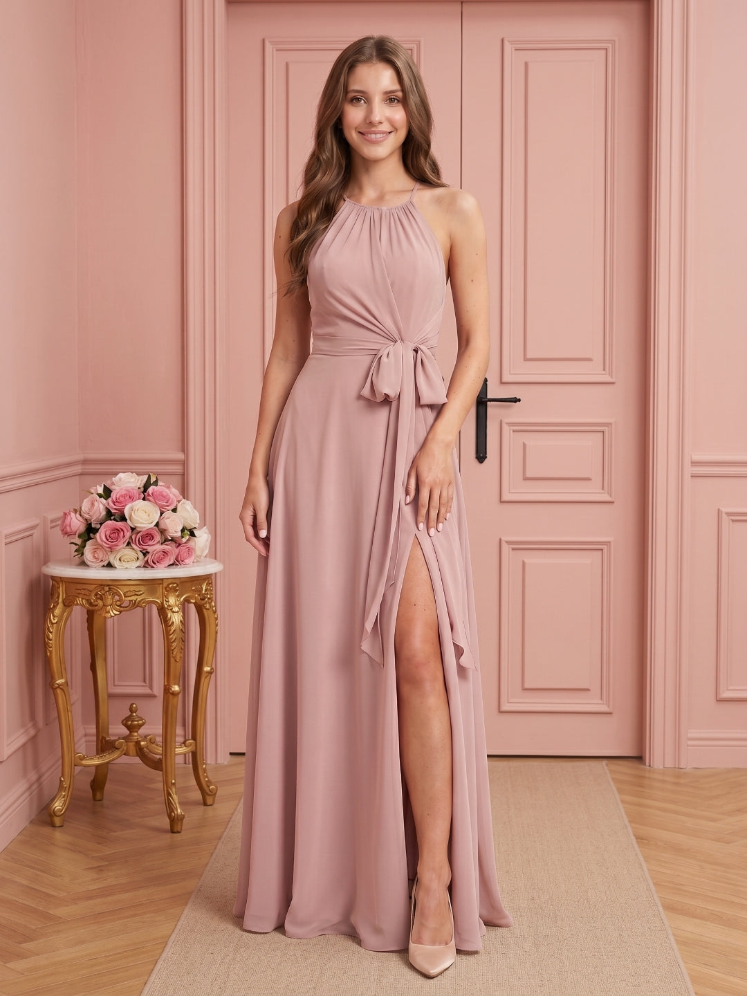 Coquette Dusty Rose Chiffon A-Line Halter neckline Back Zip Ankle-Length  Bridesmaid Dress