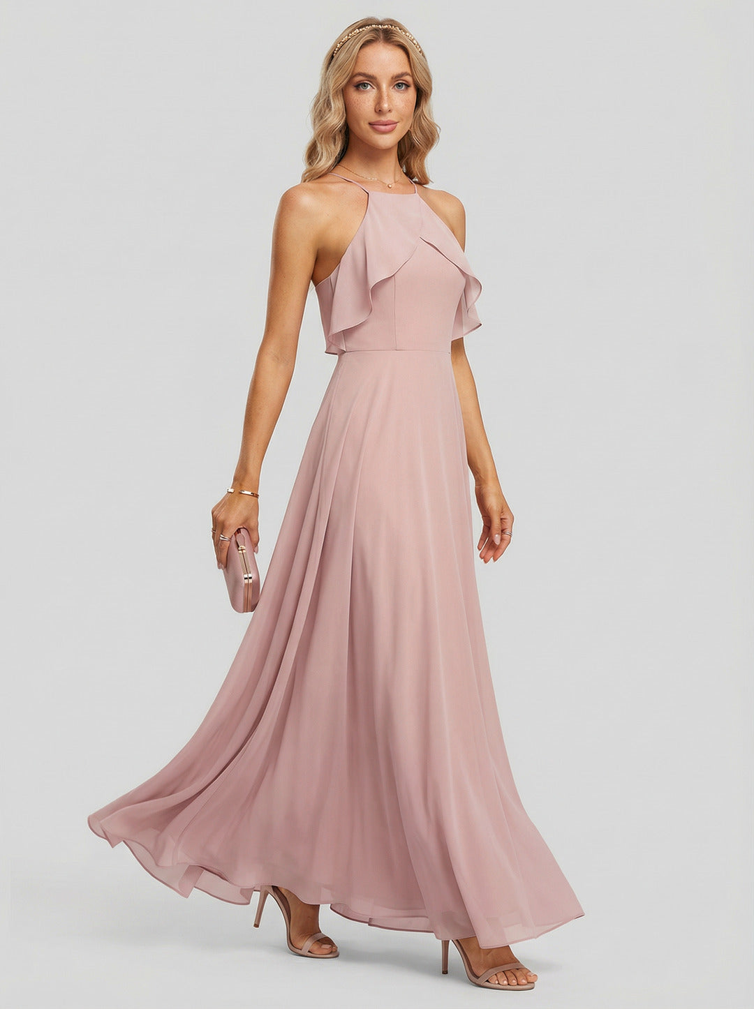 Coquette Dusty Rose Chiffon A-Line Halter neckline Backless Ruffle Ankle-Length Bridesmaid Dress