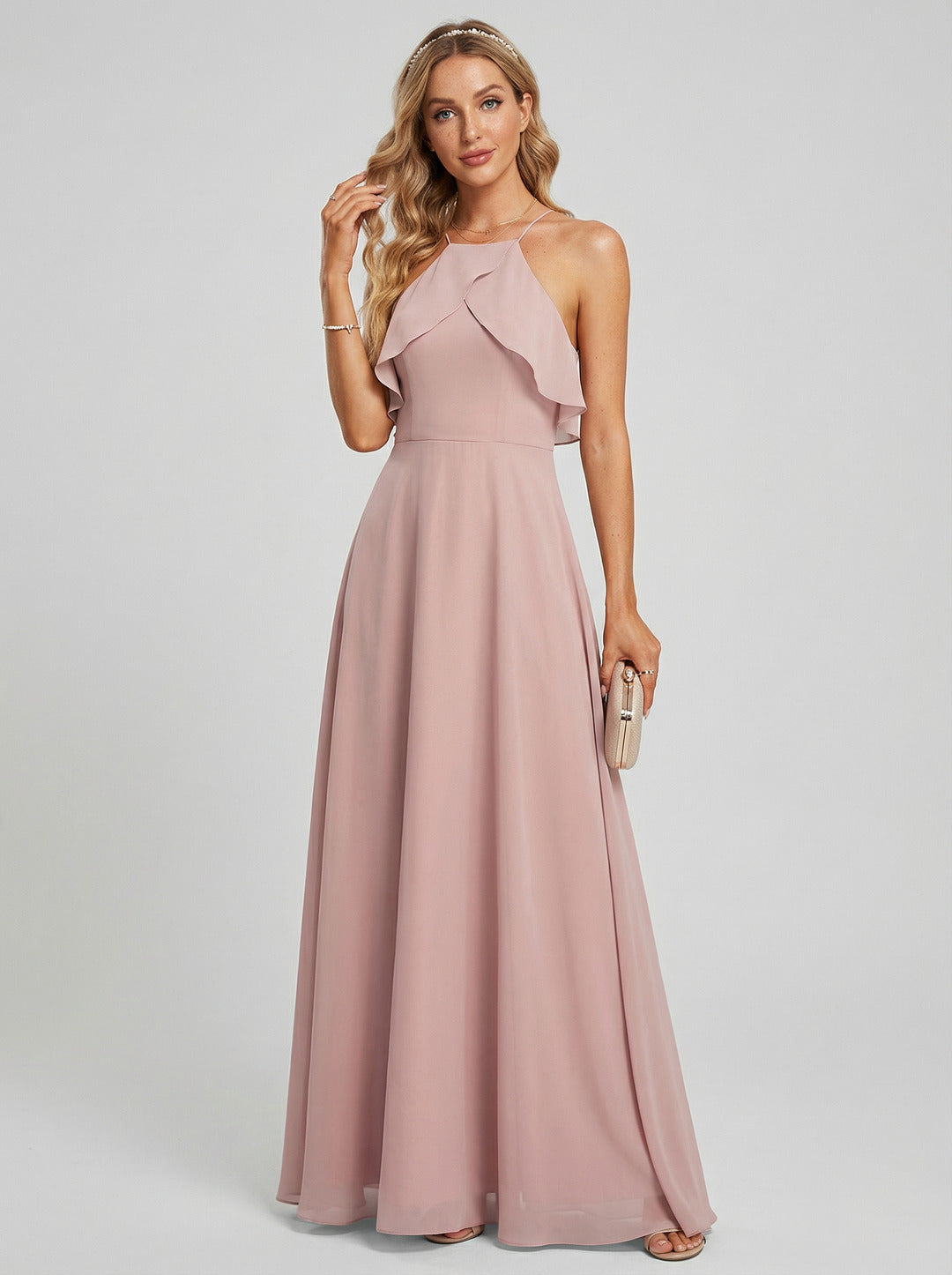 Coquette Dusty Rose Chiffon A-Line Halter neckline Backless Ruffle Ankle-Length Bridesmaid Dress