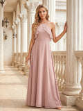 Coquette Dusty Rose Chiffon A-Line Halter neckline Backless Ruffle Ankle-Length Bridesmaid Dress