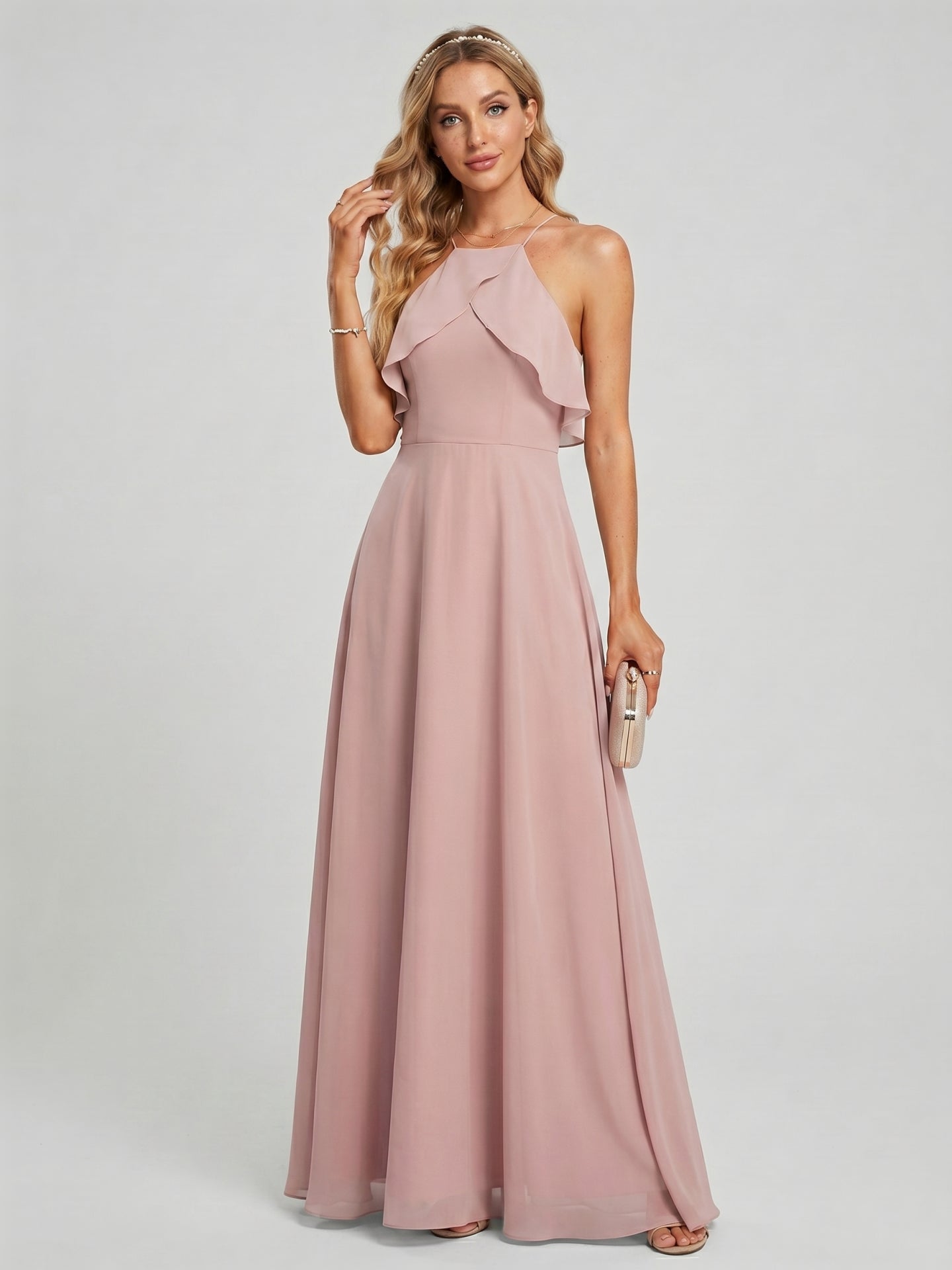 Coquette Dusty Rose Chiffon A-Line Halter neckline Backless Ruffle Ankle-Length Bridesmaid Dress