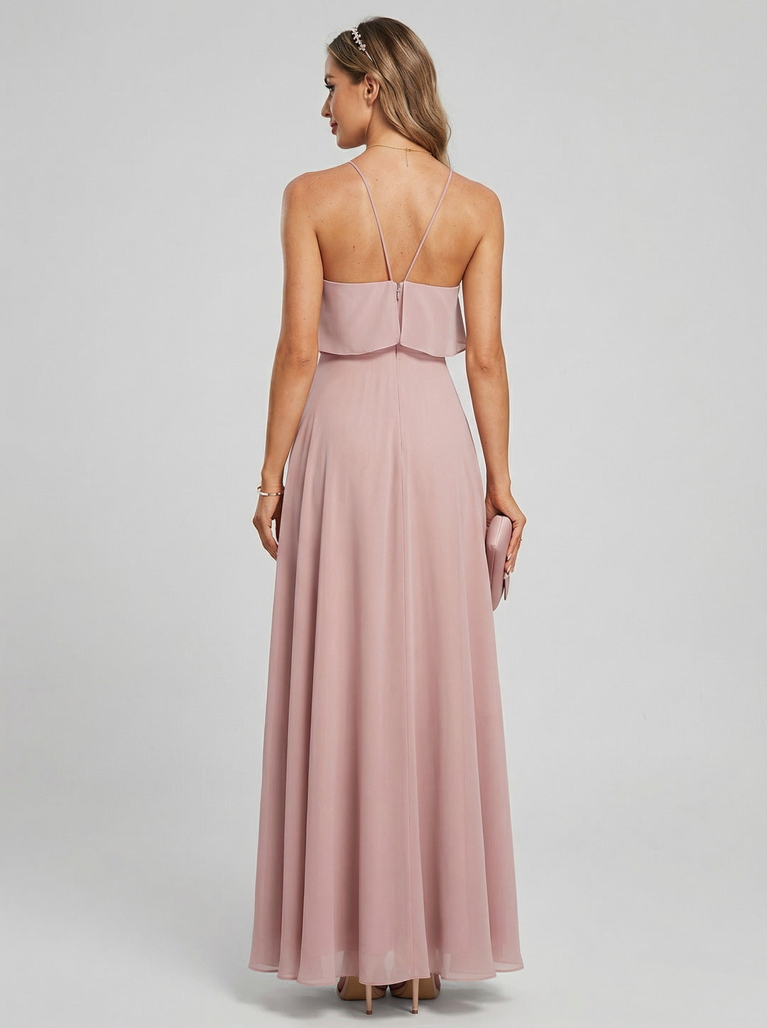 Coquette Dusty Rose Chiffon A-Line Halter neckline Backless Ruffle Ankle-Length Bridesmaid Dress