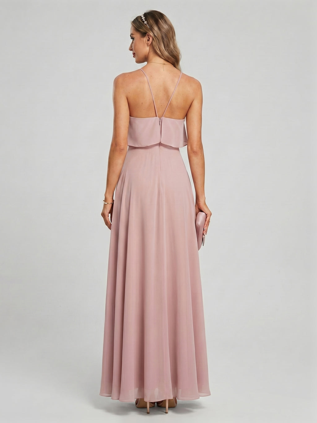 Coquette Dusty Rose Chiffon A-Line Halter neckline Backless Ruffle Ankle-Length Bridesmaid Dress