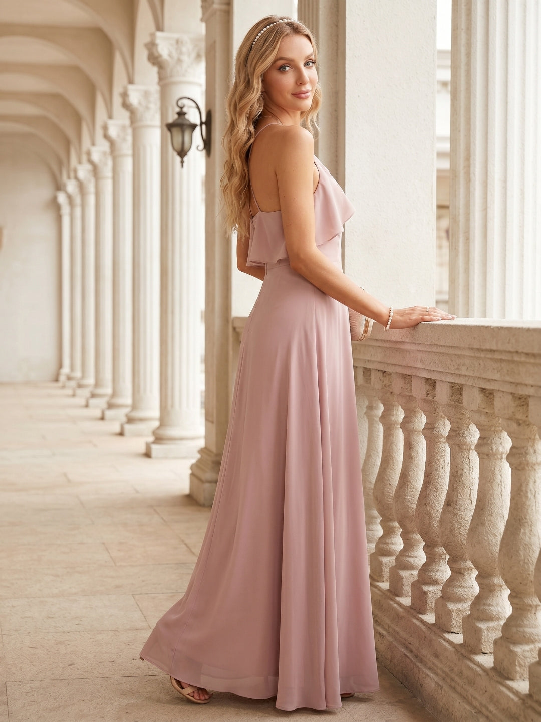 Coquette Dusty Rose Chiffon A-Line Halter neckline Backless Ruffle Ankle-Length Bridesmaid Dress