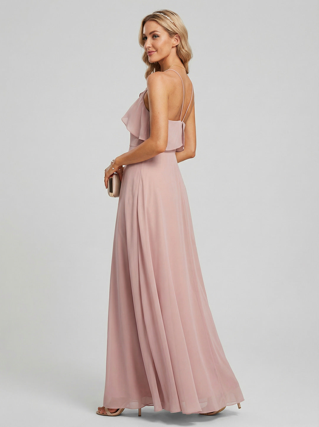 Coquette Dusty Rose Chiffon A-Line Halter neckline Backless Ruffle Ankle-Length Bridesmaid Dress