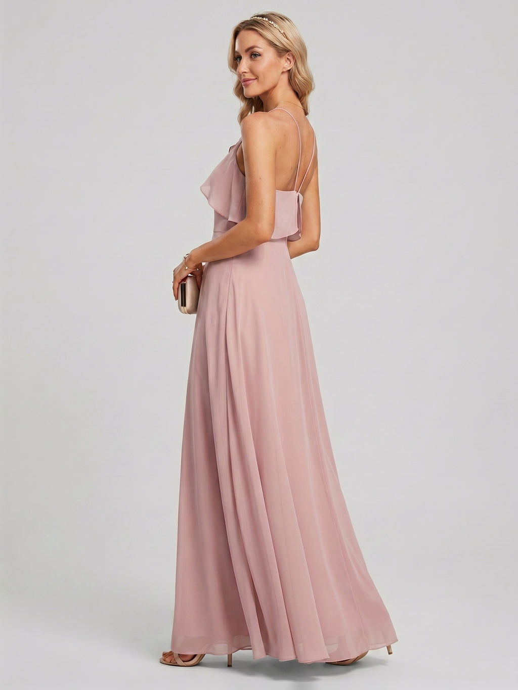 Coquette Dusty Rose Chiffon A-Line Halter neckline Backless Ruffle Ankle-Length Bridesmaid Dress