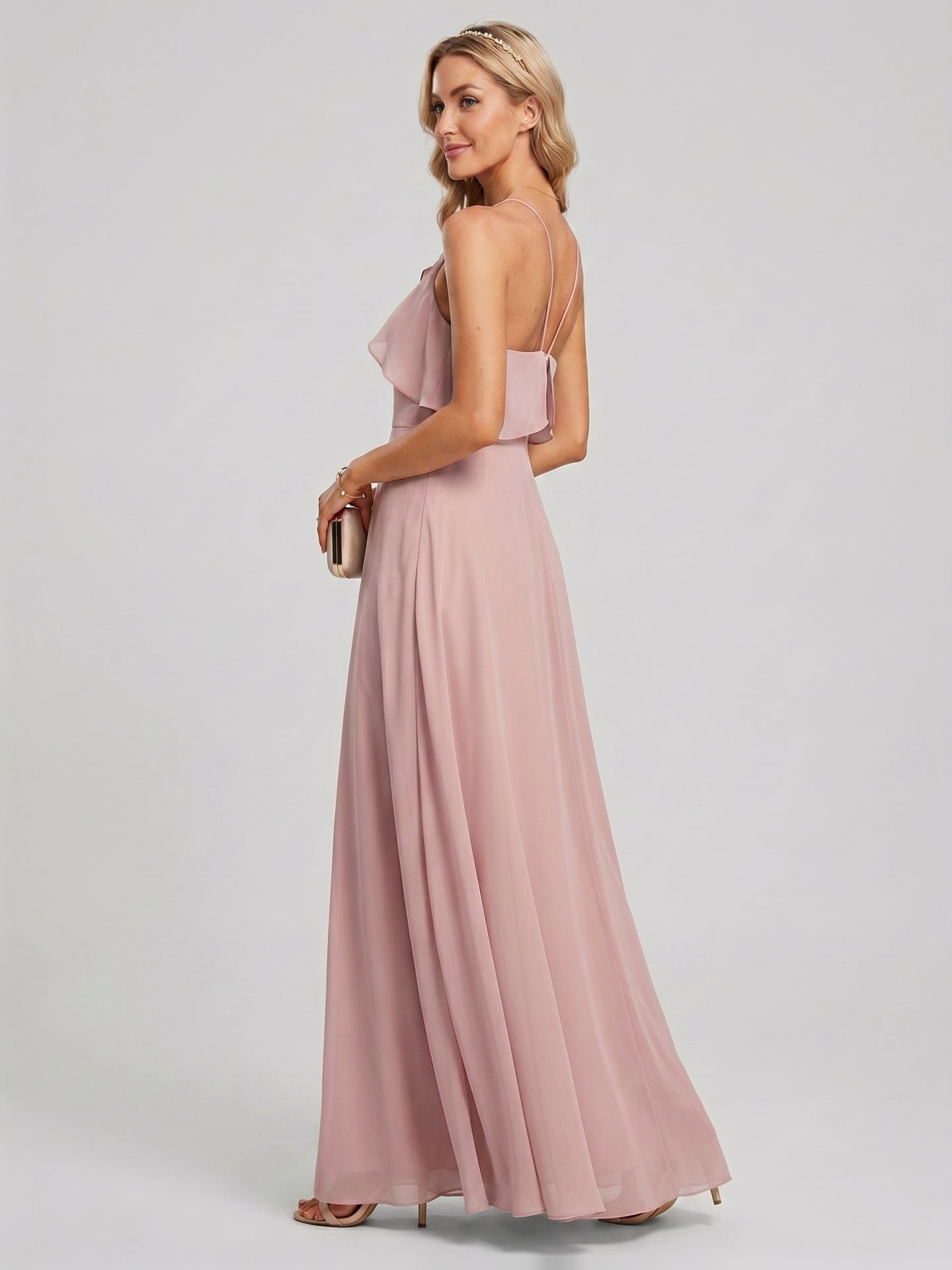 Coquette Dusty Rose Chiffon A-Line Halter neckline Backless Ruffle Ankle-Length Bridesmaid Dress