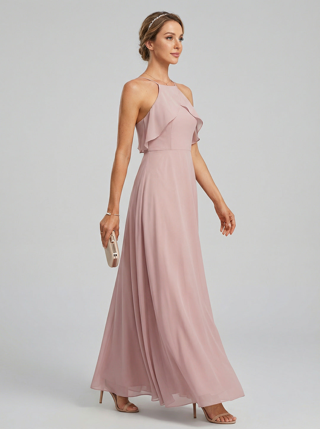 Coquette Dusty Rose Chiffon A-Line Halter neckline Backless Ruffle Ankle-Length Bridesmaid Dress