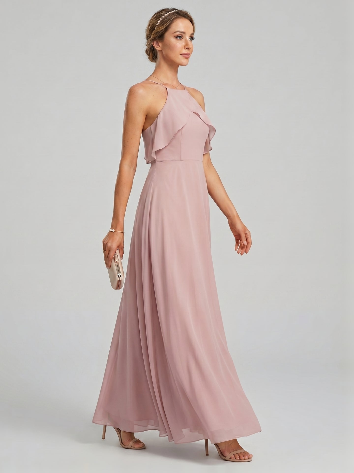 Coquette Dusty Rose Chiffon A-Line Halter neckline Backless Ruffle Ankle-Length Bridesmaid Dress