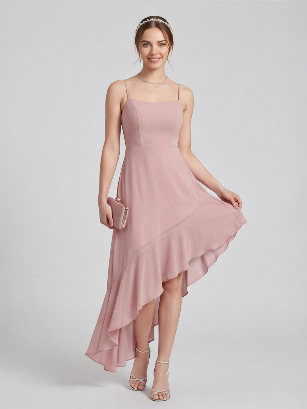 Coquette Dusty Rose Chiffon A-Line Straight Neck Asymmetrical Bridesmaid Dress with Minimalist Design