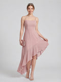 Coquette Dusty Rose Chiffon A-Line Straight Neck Asymmetrical Bridesmaid Dress with Minimalist Design