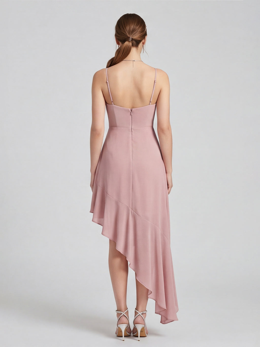 Coquette Dusty Rose Chiffon A-Line Straight Neck Asymmetrical Bridesmaid Dress with Minimalist Design