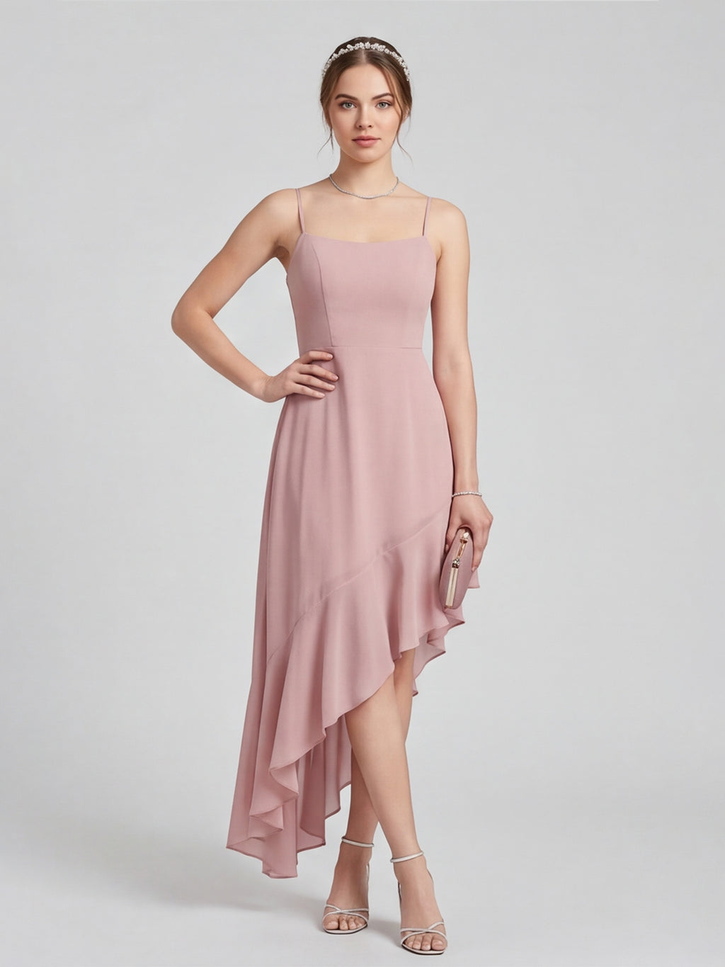 Coquette Dusty Rose Chiffon A-Line Straight Neck Asymmetrical Bridesmaid Dress with Minimalist Design