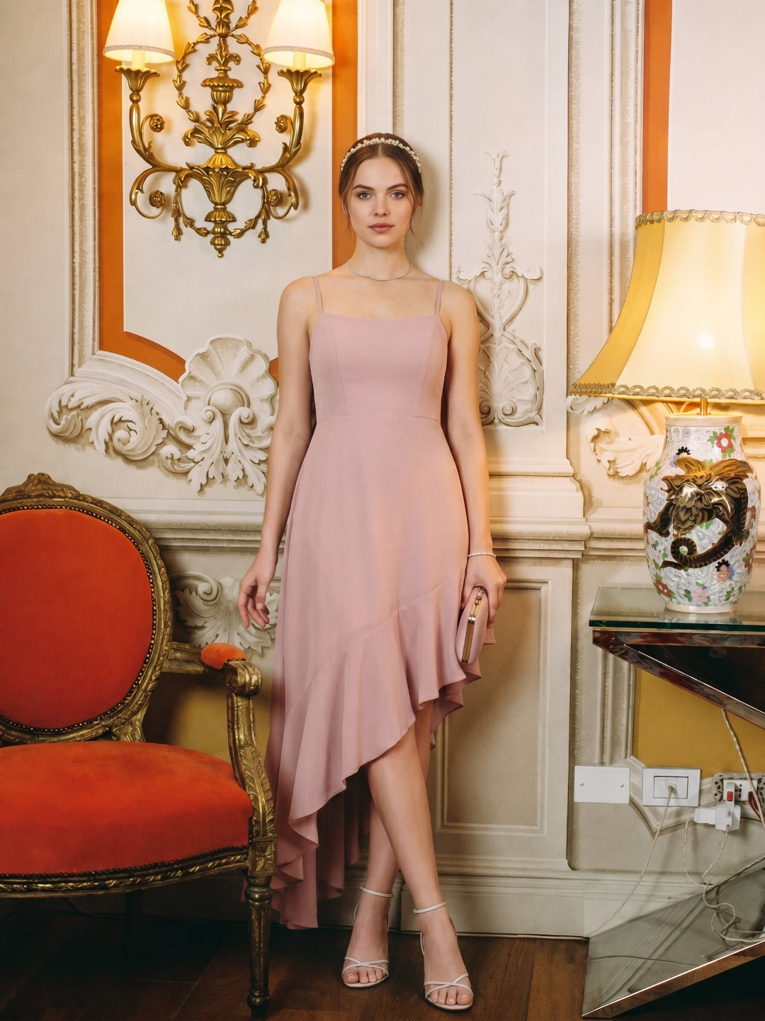 Coquette Dusty Rose Chiffon A-Line Straight Neck Asymmetrical Bridesmaid Dress with Minimalist Design
