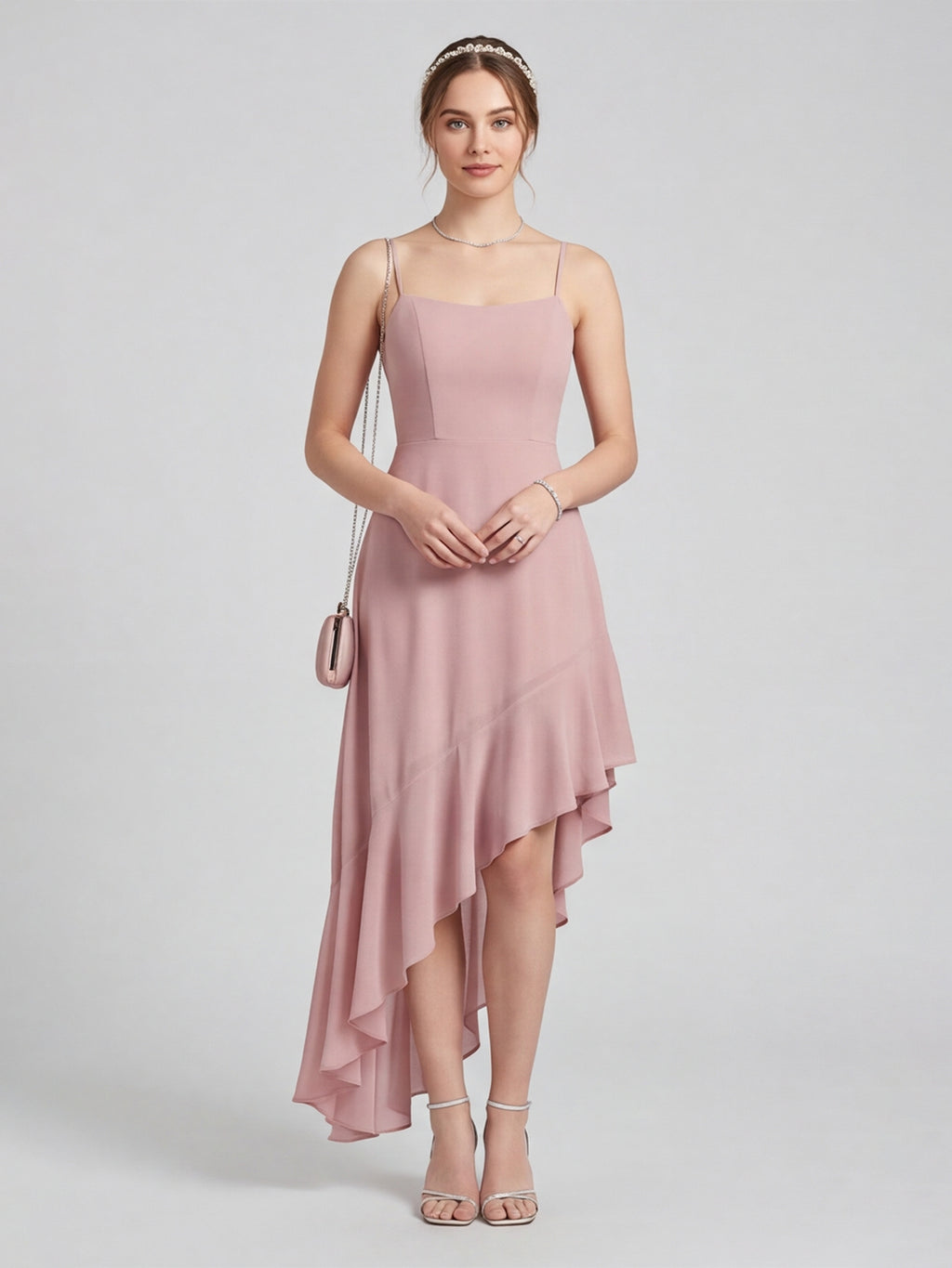 Coquette Dusty Rose Chiffon A-Line Straight Neck Asymmetrical Bridesmaid Dress with Minimalist Design