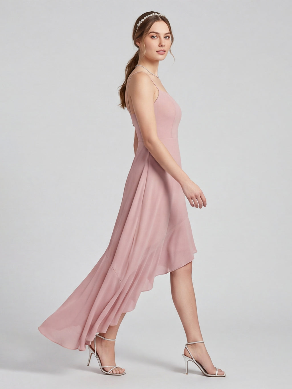 Coquette Dusty Rose Chiffon A-Line Straight Neck Asymmetrical Bridesmaid Dress with Minimalist Design