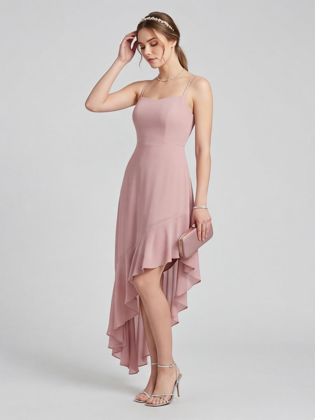 Coquette Dusty Rose Chiffon A-Line Straight Neck Asymmetrical Bridesmaid Dress with Minimalist Design