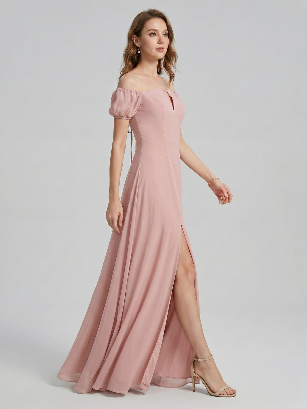 Coquette Dusty Rose Chiffon A-Line Straight Neck Back Zip Ankle-Length Bridesmaid Dress