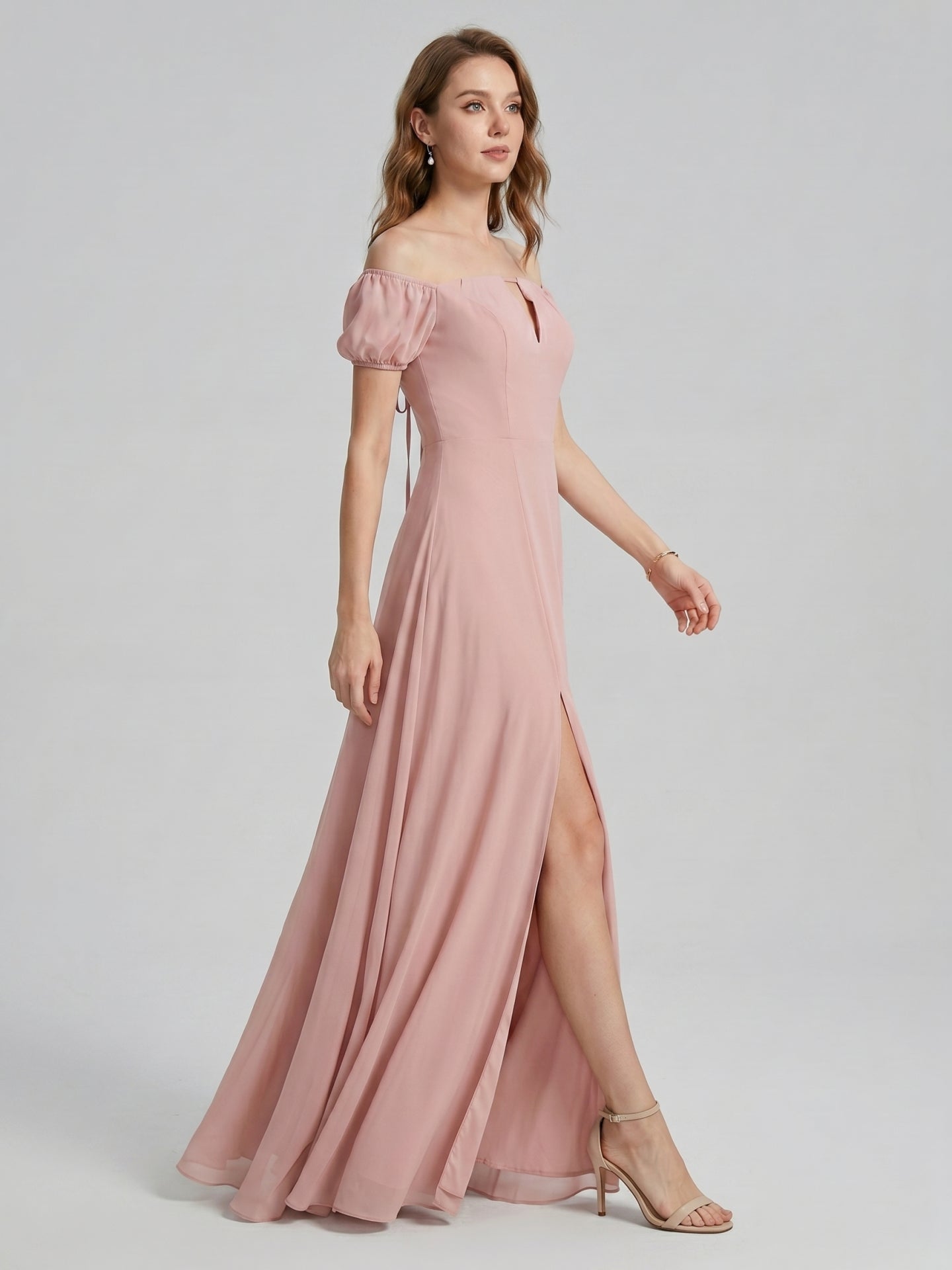 Coquette Dusty Rose Chiffon A-Line Straight Neck Back Zip Ankle-Length Bridesmaid Dress