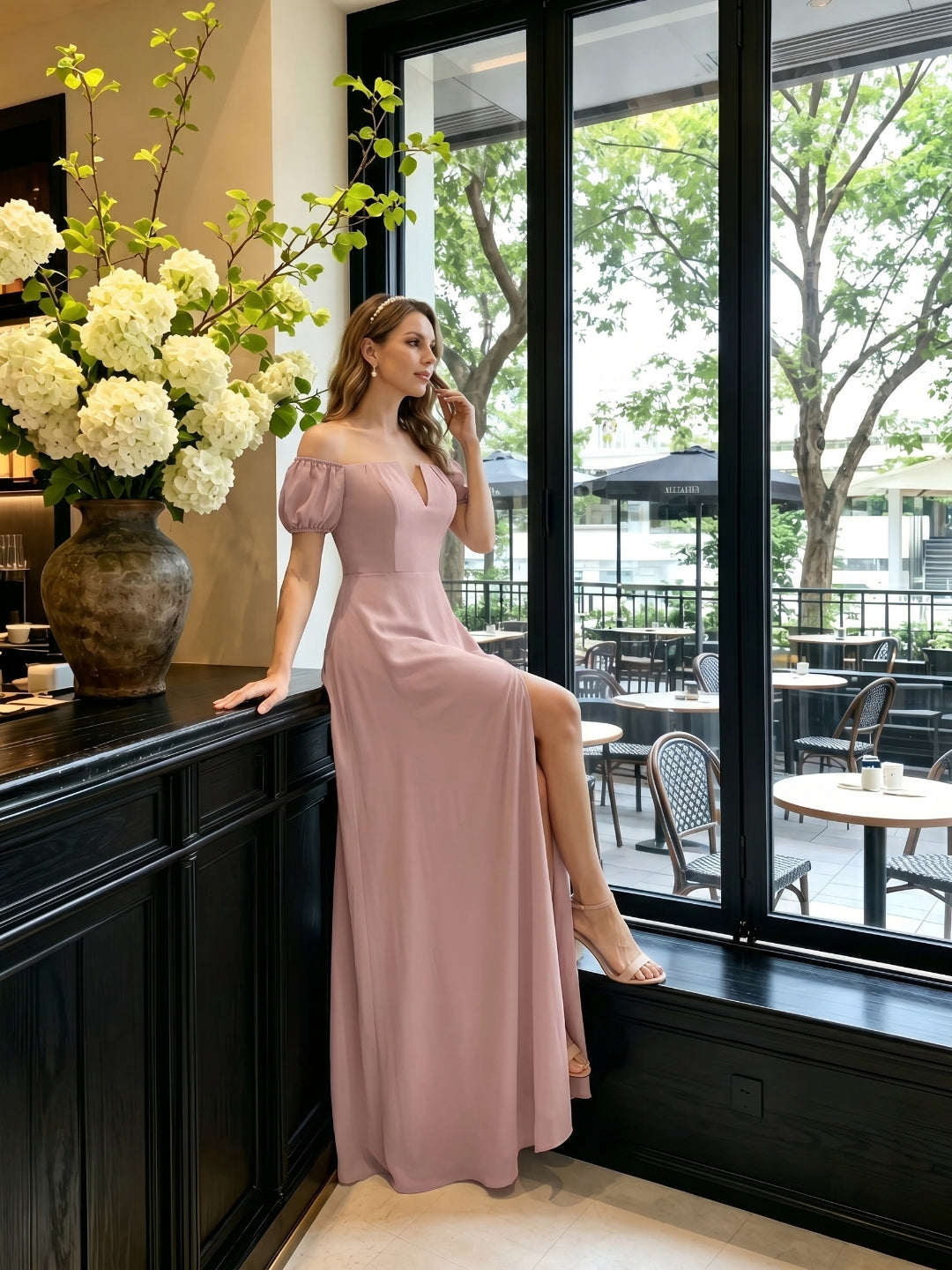 Coquette Dusty Rose Chiffon A-Line Straight Neck Back Zip Ankle-Length Bridesmaid Dress