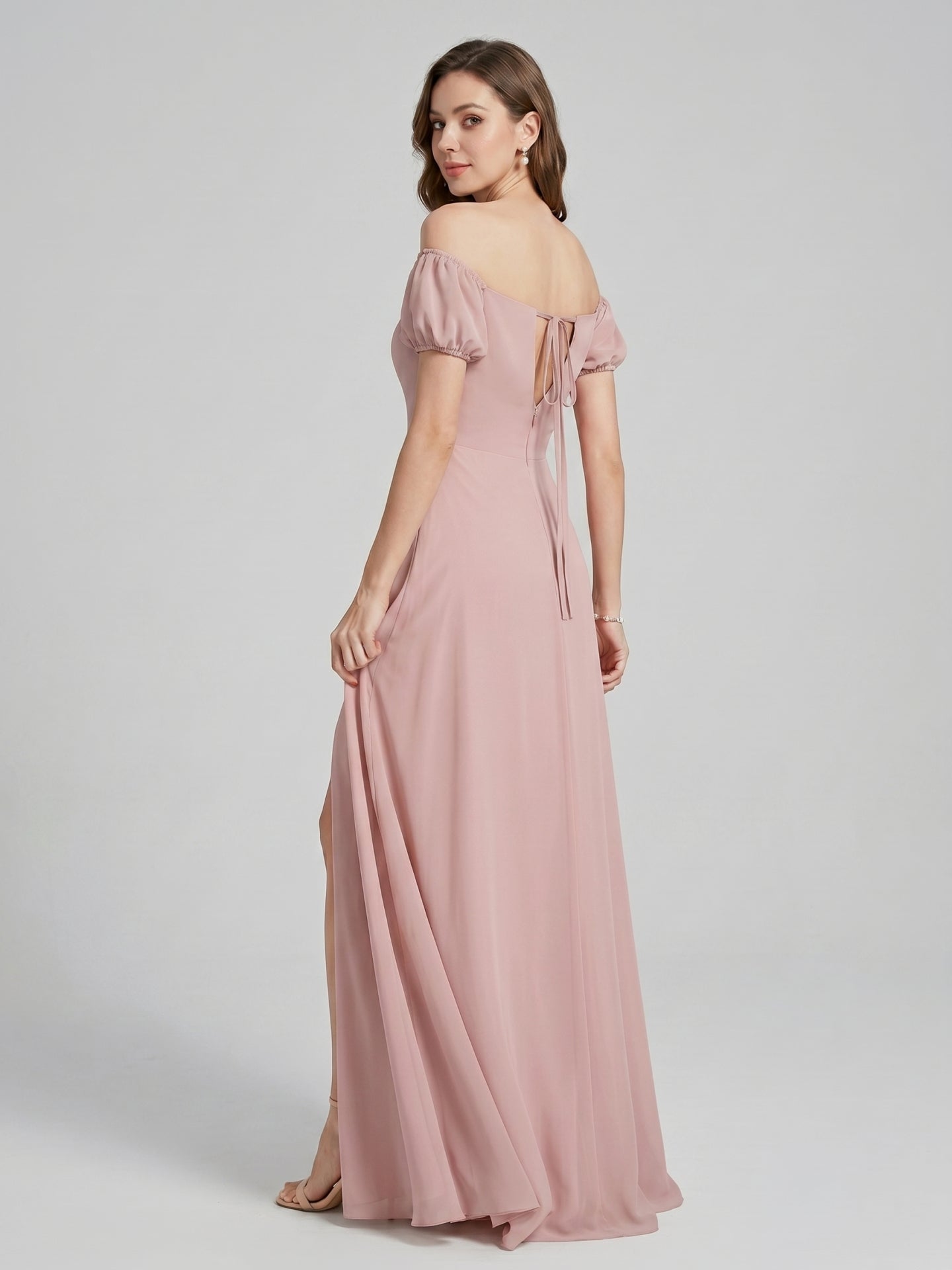Coquette Dusty Rose Chiffon A-Line Straight Neck Back Zip Ankle-Length Bridesmaid Dress