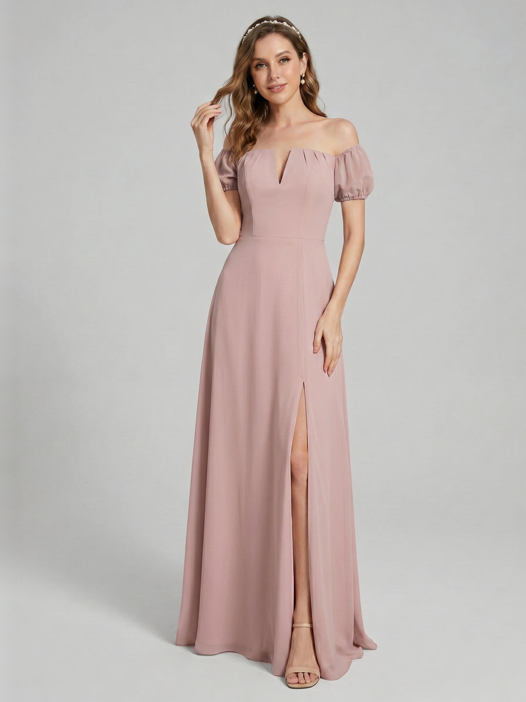 Coquette Dusty Rose Chiffon A-Line Straight Neck Back Zip Ankle-Length Bridesmaid Dress