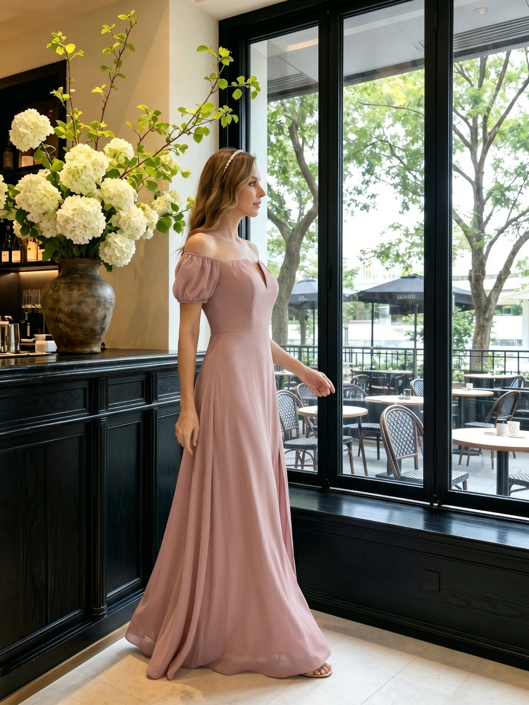 Coquette Dusty Rose Chiffon A-Line Straight Neck Back Zip Ankle-Length Bridesmaid Dress