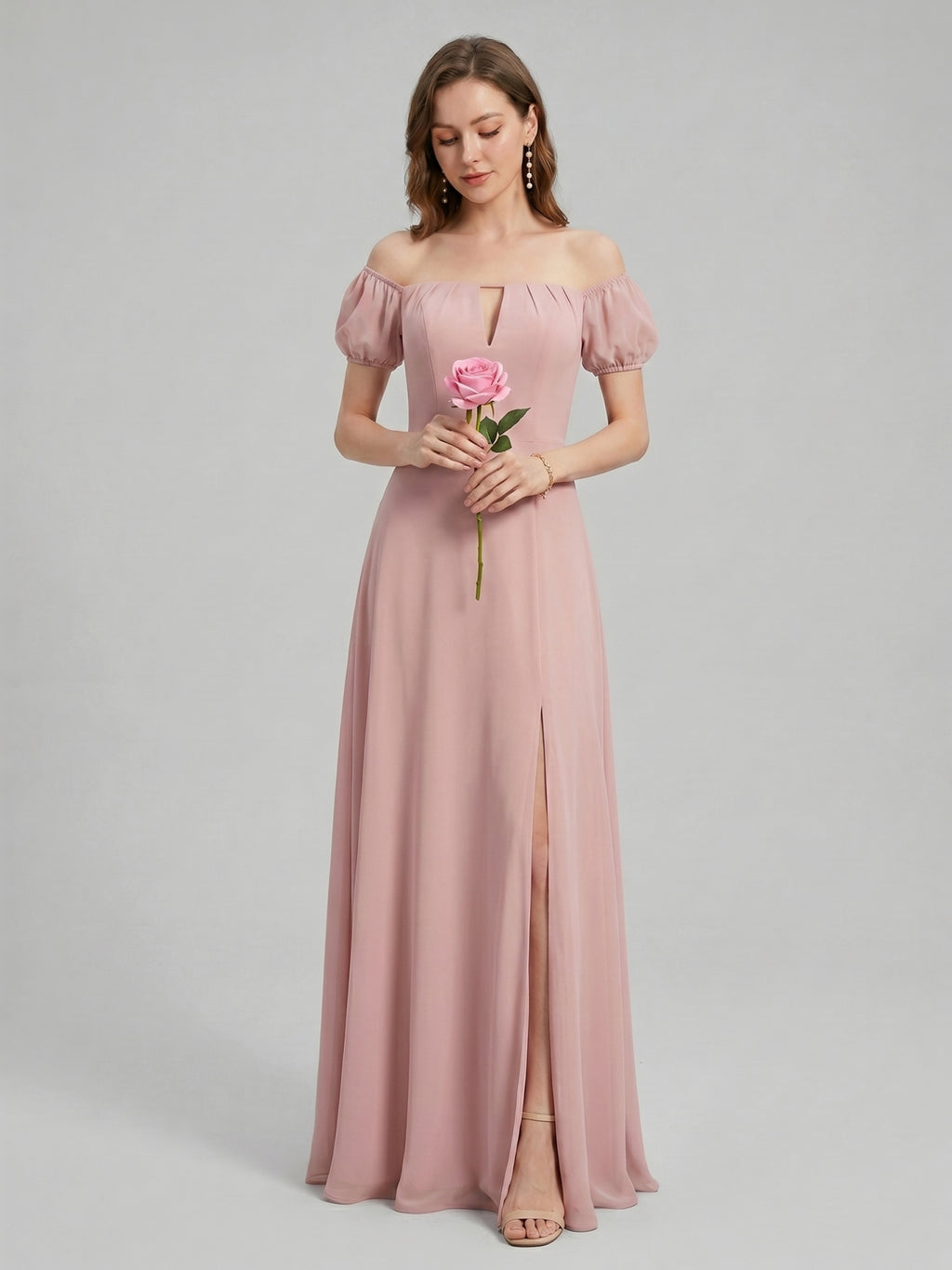 Coquette Dusty Rose Chiffon A-Line Straight Neck Back Zip Ankle-Length Bridesmaid Dress