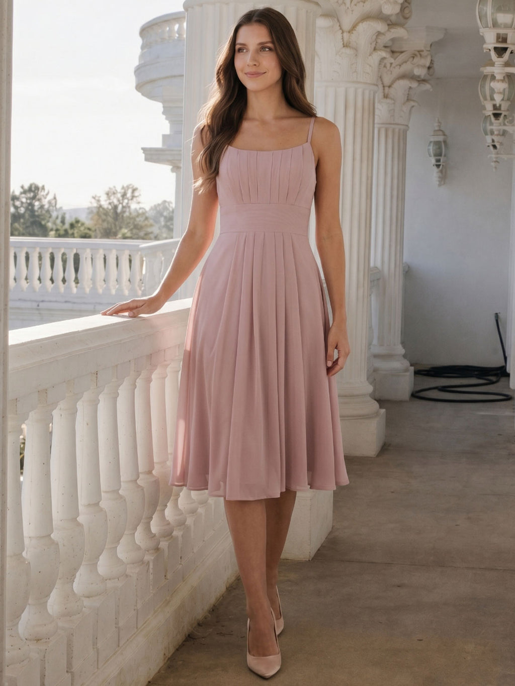 Coquette Dusty Rose Chiffon A-Line Straight Neck Back Zip with nan Knee-Length  Bridesmaid Dress