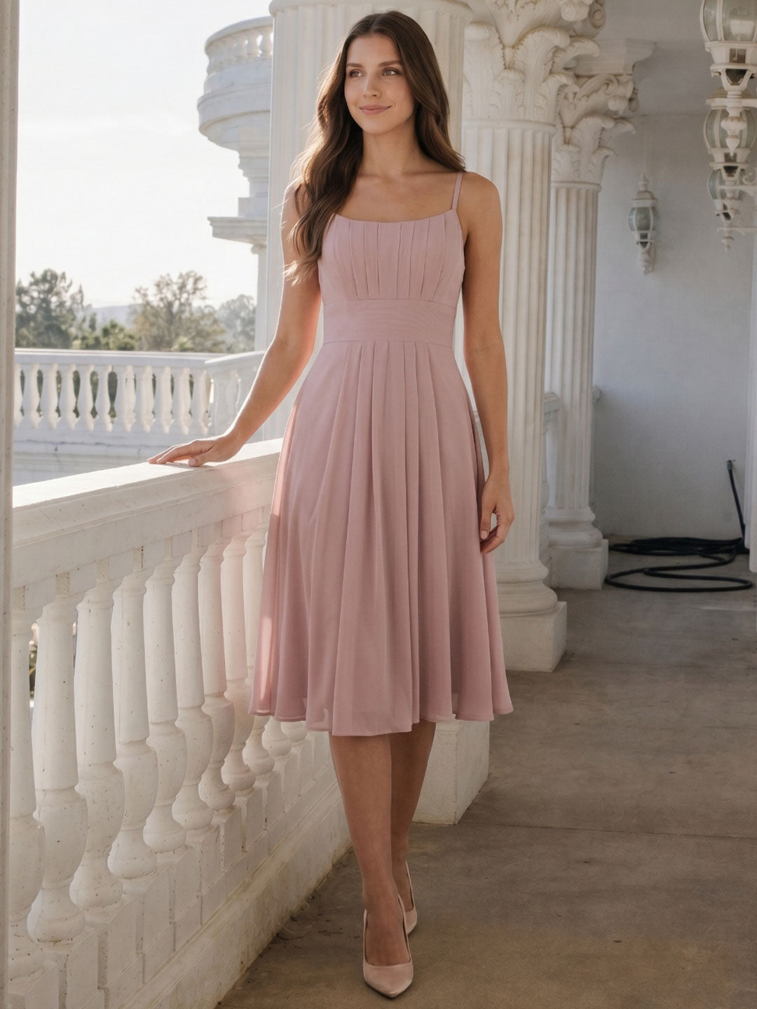Coquette Dusty Rose Chiffon A-Line Straight Neck Back Zip with nan Knee-Length  Bridesmaid Dress